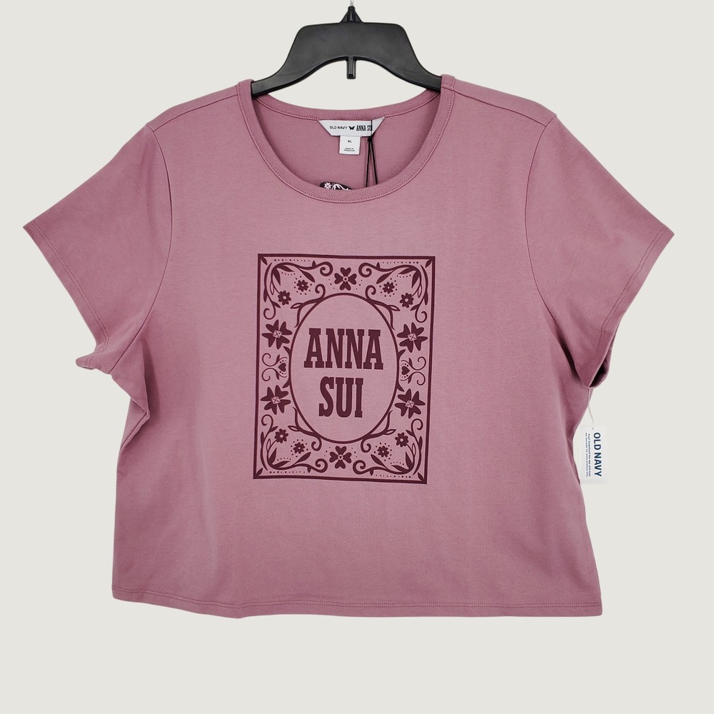 Old Navy x Anna Sui Graphic Boxy Cropped T-Shirt Women XL Rose Pink 100% Cotton‎